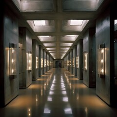 Indoor photograph of an enclosed hallway in brutalist style, skylights and sconce lighting, polished concrete and linoleum. From the series “Interiors," "Twilight Zone."