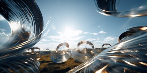 surreal multiple exposure photograph of spinning  disks in a country landscape, motion blur, bokeh, broad sky
