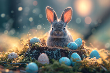 Fototapeta na wymiar Cute baby Easter rabbit sitting on stump in spring forest among pastel colored eggs