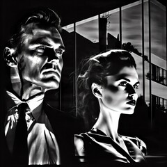 Black and white stylized illustration showing portrait views of a man and a woman walking through a city at night. From the series “Art Film - Black and White," "Twilight Zone."