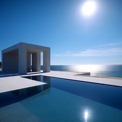 Outdoor photograph of a simple white modernist building on a concrete deck and beside an infinity pool with an ocean background under bright sunlight. From the series “Abstract Architecture."