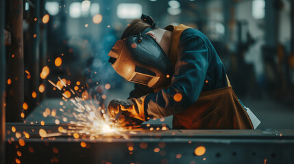 Highly focused female welder hunched over sparking metal in a factory - obrazy, fototapety, plakaty