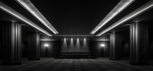 Black and white interior photograph of a large elevator lobby art deco style on an upper of a conference hotel, dark lighting, film noir style. From the series “Recurring Dreams,