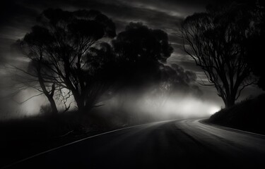 Black and white outdoor nighttime photograph of a curving country road, car headlights shining through mist. From the series “Abstract Noir," "Art Film - Black and White," "Twilight Zone."