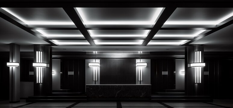 Black and white interior photograph of a large elevator lobby art deco style on an upper of a conference hotel, sconce lighting, film noir style. From the series “Recurring Dreams," "Twilight Zone."
