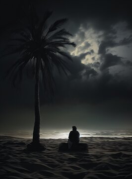 Dark outdoor color photograph showing the silhouette of a man walking along a muddy tropical ocean beach lined with palm trees at night, dark moody landscape. From the series “Terminal Beach."