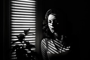 Black and white portrait photograph of a woman next to a window with closed blinds, contrasting lights and darks. From the series “Art Film - Black and White,