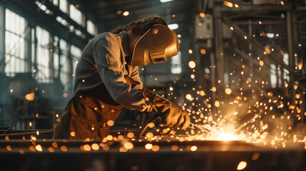 Woman with braids focused welding metal at work as sparks fly in golden lighting
