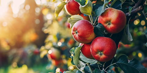 A branch with red ripe apples against the background of an apple orchard and the rays of the setting sun - Powered by Adobe