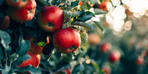 A branch with red ripe apples against the background of an apple orchard and the rays of the...