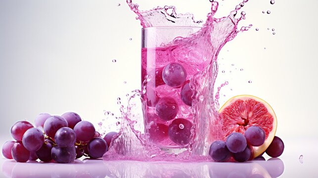 Glass of splashing grape juice with grape fruit on white background