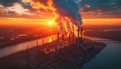 Industrial landscape, with Traditional thermal power plant generating heat, producing steam and smog at sunset. Environmental concept