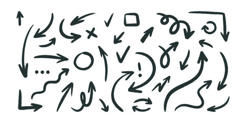 Set of different hand drawn texture arrows, cartoon style. Trendy modern vector illustration isolated on white background, flat design