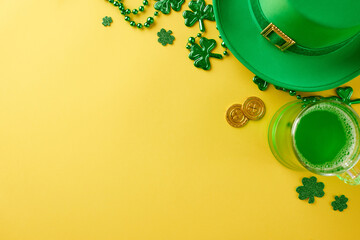 Vivid clover glow: St. Patrick's Day gala. Top view photo of leprechaun hat, green beer, trefoils,...