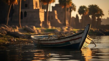 Fototapeta premium Egyptian fishermen boat in Nile river with old ancient temples at the background 