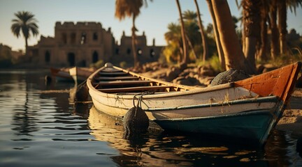 Fototapeta premium Egyptian fishermen boat in Nile river with old ancient temples at the background 