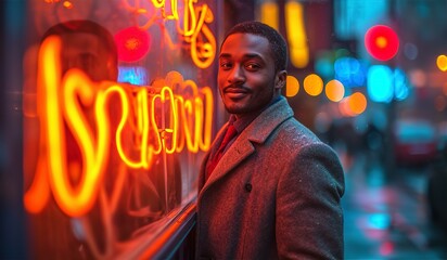 Portrait of handsome black young man at night street, staying next to neon lights of nightclub  - obrazy, fototapety, plakaty