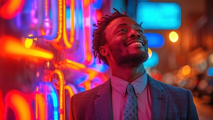 Fototapeta premium Portrait of handsome black young man at night street, staying next to neon lights of nightclub 