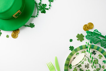 Lush green revelry: St. Paddy's celebration. Top view photo of paper plates, cutlery, cups, straws,...