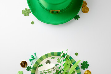 Glistening shamrock soirée: St. Paddy's elegance. Top view shot of paper plates, cutlery, cups,...