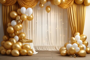 Fototapeta na wymiar yellow with golden curtain birthday stage with frames and balloons,