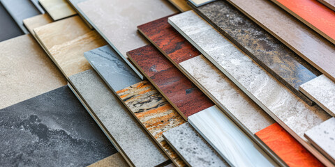 Samples of wall tiles. Assortment of tiles with different colors for bathroom and kitchen renovation and design.	
