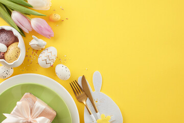 Spring celebration banquet: crafting a festive Easter table setting. Top view shot of plates,...
