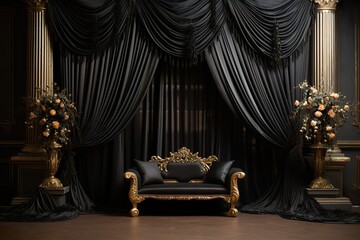 black with golden curtain wedding stage with flowers frames,