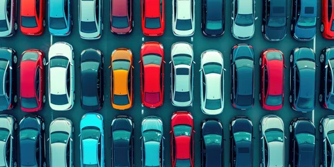 Fototapeten Overhead view of many different cars standing in rows in parking lot. Multicolored cars, texture wallpaper. Background for car dealership banner.   © dinastya