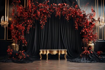 black with golden bright curtain wedding stage with red flowers frames