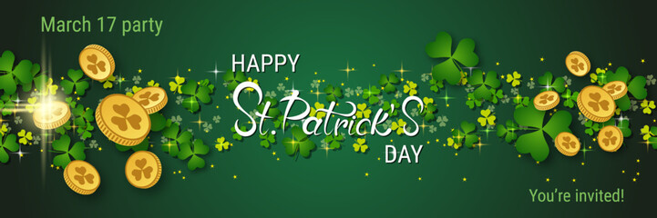 St.Patrick's Day vector banner template. Green background with clover leaves and design elements - obrazy, fototapety, plakaty