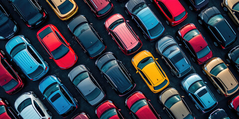 Overhead view of many different cars standing in rows in parking lot. Multicolored cars, texture wallpaper. Background for car dealership banner. 
 - obrazy, fototapety, plakaty