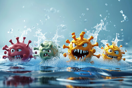 Viruses, bacteria with grimaces in water in cartoon style, 3d
