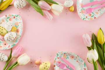 Springtime jubilee: kids' Easter egg-stravaganza celebration. Top view shot of cute plates, eggs,...