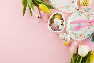 Easter fun galore: kids' egg-stravaganza of delightful moments. Top view photo of cute plates,...