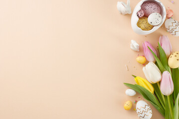 Resurrection revelry: unleashing Easter's radiant joy. Top view shot of egg-shaped saucer, eggs, flowers, sprinkles, bunnies on beige background with promo zone - obrazy, fototapety, plakaty