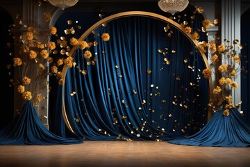 deep blue with golden curtain wedding stage with yellow flowers frames,