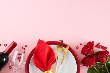Love abounds: immersing in Valentine's Day joy. Top view photo of plates, cutlery, red hearts,...