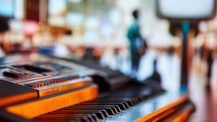 Fototapeta na wymiar Piano keyboard close-up with a blurred people on event background. Promotion of offline music concerts. Concept of music instruments, performance, hobby, art, entertainment