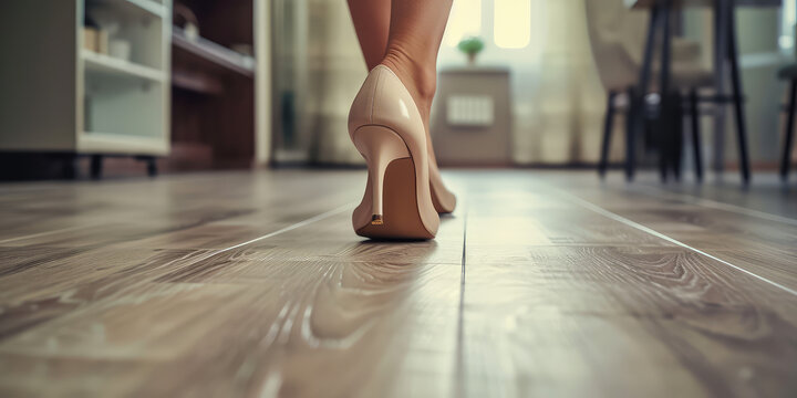 Woman wearing classic high heel shoes, step on the spc flooring, closeup female legs in pretty shoes.
