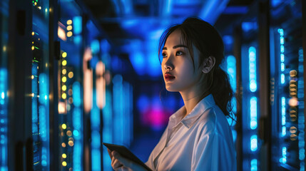 Focused IT professional using a laptop while standing in a server room with racks of network equipment illuminated by blue lights