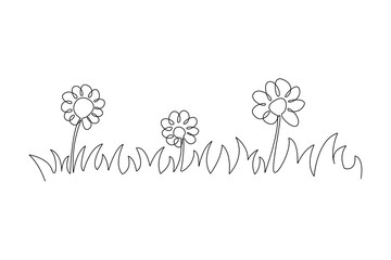 Single one line drawing of sunflower, watering houseplants growing in greenhouse with watering can. Continuous line draw design graphic vector illustration