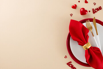 Valentine's Day euphoria: drowning in love's bliss. Top view photo of plates, cutlery, red napkin,...
