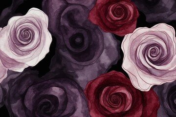watercolour red and purple roses swirls background