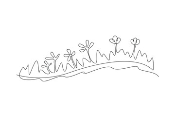Single one line drawing of variation flowers on the hill, watering houseplants growing in greenhouse with watering can. Continuous line draw design graphic vector illustration