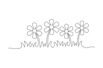 Single one line drawing of sun flowers on the plains, watering houseplants growing in greenhouse with watering can. Continuous line draw design graphic vector illustration