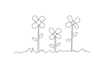 Single one line drawing of fresh flowers after rain, watering houseplants growing in greenhouse with watering can. Continuous line draw design graphic vector illustration © Vectorillustrator