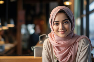 joven musulmana llevando un pañuelo hiyab sobre su cabeza de color rosa, sobre fondo desenfocado de una cafeteria o restaurante - obrazy, fototapety, plakaty
