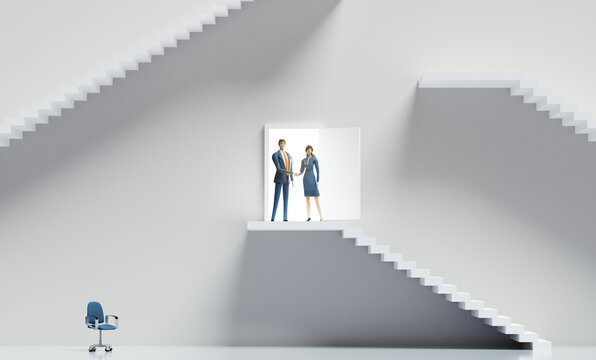 Businessman and businesswoman standing on stairs leading to open door. Abstract business environment with stairs and doors. Success concept, 3D rendering