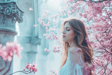 Young charming girl with eyes half closed with pleasure in the garden near the flowering trees near the entrance to the ancient castle